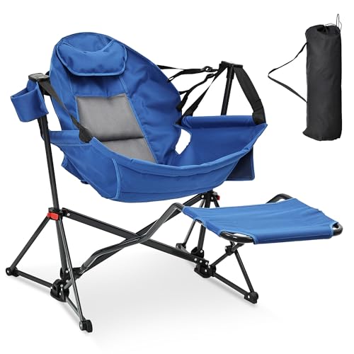 Ainfox Hammock Camping Chair with Footrest, Foldable Portable Rocking Chairs for Adults Outside Swinging Camp with Cup Holder Pillow for Outdoor Patio Poolside (Blue)