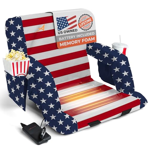 Heated Stadium Seats for Bleachers with Back Support  USB Battery Included - Upgraded 3 Levels of Heat - Foldable Chair - 4 Pockets for Snacks, Cup Holder - for Camping, Games & Sports (USA Flag)