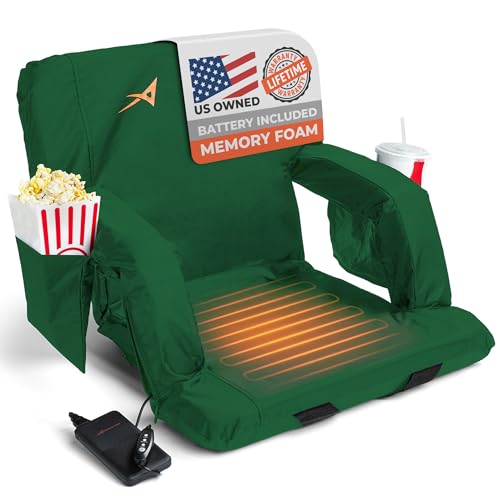 Heated Stadium Seats for Bleachers with Back Support  USB Battery Included - Upgraded 3 Levels of Heat - Foldable Chair - 4 Pockets for Snacks, Cup Holder - for Camping, Games & Sports (Hunter Green)