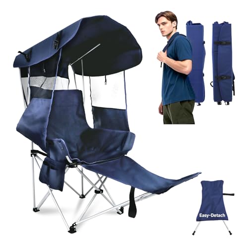 Folding Camping Chairs Canopy Outdoor: Sports Portable Beach Chair with Canopy-Lawn Beach Chairs with Umbrella for Adults-Camping Chair with Shade for Fishing Camp Heavy Duty (Casual, Navy Blue)