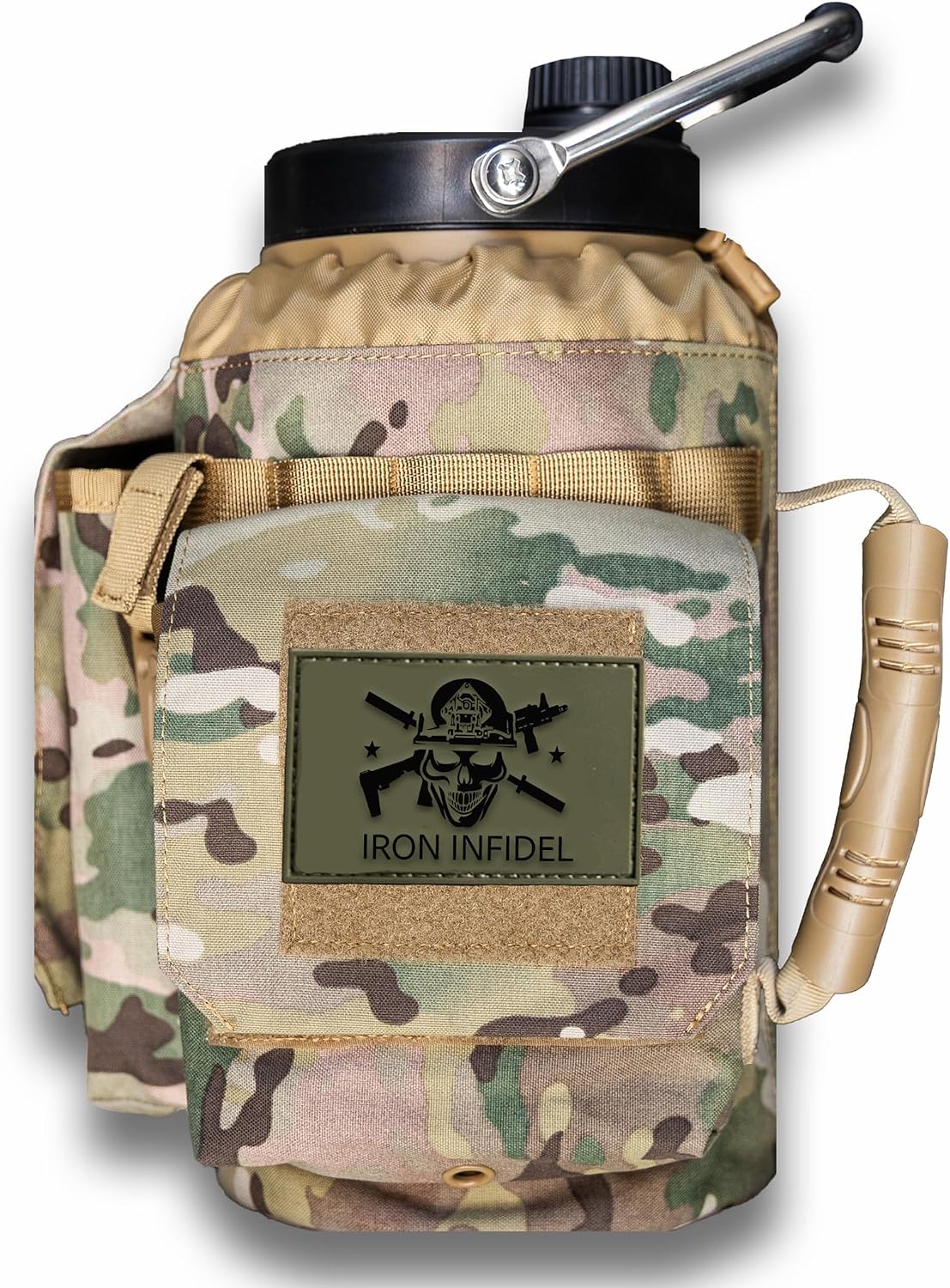 Iron Infidel Battle Bottle - One Gallon Insulated Water Bottle with Dual Carry Handles - 128 oz Tactical Stainless Steel Water Jug & Rugged Extra Large Sleeve With Storage (OCP Camo 128 Ounces)