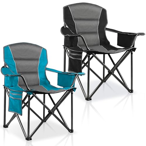 2 Pack Padded Oversized Camping Chairs for Adults,Heavy Duty Support 400 Lbs,Folding Portable Lawn Chair w/Cup Holder,Cooler Bag,Side Pocket,Perfect for Outdoor Picnic,Hiking(Blue&Black)