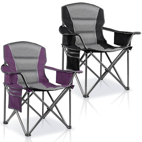 2 Pack Padded Oversized Camping Chairs for Adults,Heavy Duty Support 400 Lbs,Folding Portable Lawn Chair w/Cup Holder,Cooler Bag,Side Pocket,Perfect for Outdoor Picnic,Hiking(Purple&Black)