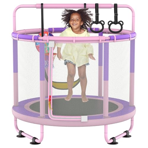 LANGXUN 60" Trampoline for Kids, 5ft Toddler Mini 6-in-1 Trampoline Indoor Outdoor with Swing, Basketball Hoop, Dart Board, Gymnastics Bar, Rings, Christmas Toys Birthday Gifts for Girls Boys Age 3-8