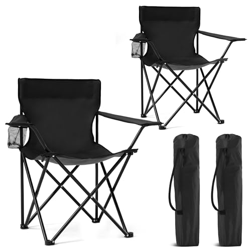 2 Pack Portable Camping Chairs Folding Lawn Chair Outdoor Lightweight Beach Chair with Cup Holder & Carry Bag for Outside Sports, Fishing, Hiking, Travel, Picnic, Backyard (Black-Dark)