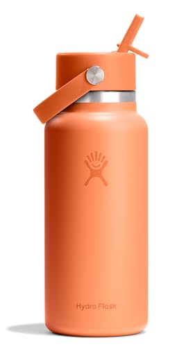 Hydro Flask Water Bottle - Insulated Stainless Steel - Wide Mouth Flex Straw Lid, Non Spill, Leakproof and Refillable in 32 Oz Nectar Orange