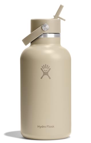 Hydro Flask Water Bottle - Insulated Stainless Steel - Wide Straw Lid, Non Spill, Leakproof in 64 Oz Oat Tan