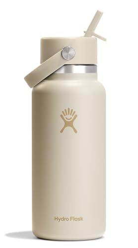 Hydro Flask Water Bottle - Insulated Stainless Steel - Wide Mouth Flex Straw Lid, Non Spill, Leakproof and Refillable in 32 Oz Coconut Cream