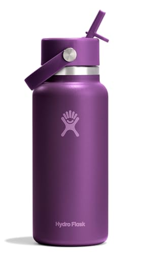 Hydro Flask Water Bottle - Insulated Stainless Steel - Wide Mouth Flex Straw Lid, Non Spill, Leakproof and Refillable in 32 Oz Beachplum Purple