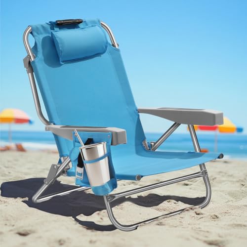 5-Position Aluminum Lay Flat Backpack Beach Chair, Compact Portable Low Beach Chairs for Adults with Cooler Pouch, Storage Pouch, Towel Bar, Cup Holder & Phone Holder, Blue