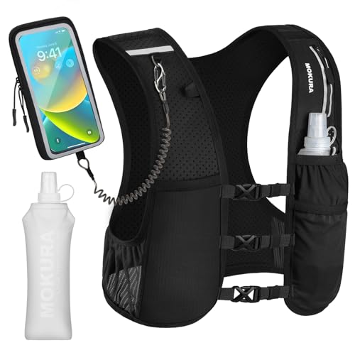 MOKURA Running Vest for Women Men, Reflective Hydration Vest with 500ML Soft Flask and Phone Holder, Adjustable Running Backpack, Lightweight Run Pack Water Bottle, Runner Marathon Essentials