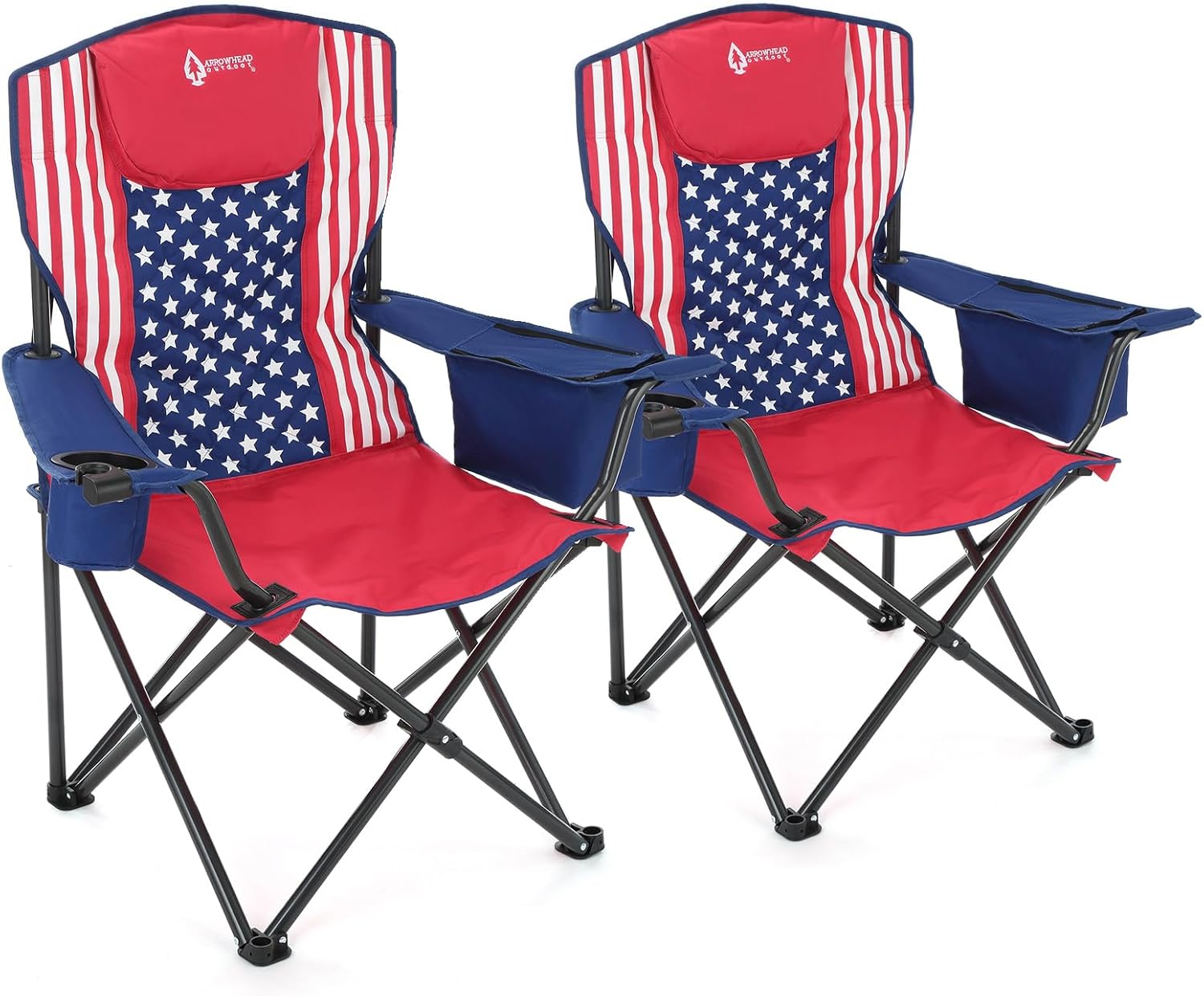 ARROWHEAD OUTDOOR Portable Deluxe Folding Camp Quad Chair w/Headrest, Glass & Cup Holders, Armest 6-can Cooler, Heavy Duty Carry Bag, 550 lbs Weight Capacity