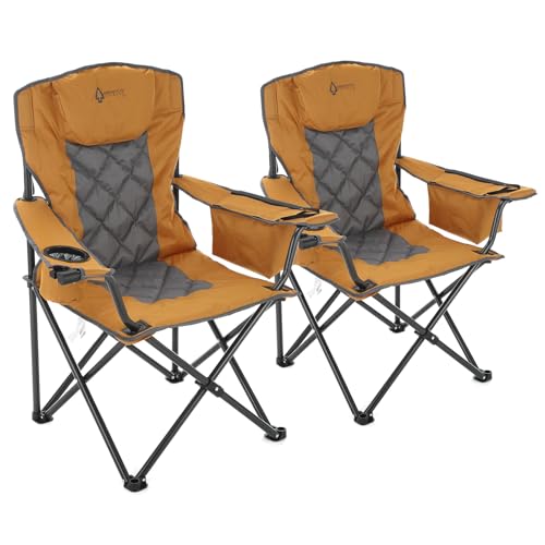 ARROWHEAD OUTDOOR Portable Deluxe Folding Camp Quad Chair w/Headrest, Glass & Cup Holders, Armest 6-can Cooler, Heavy Duty Carry Bag, 550 lbs Weight Capacity