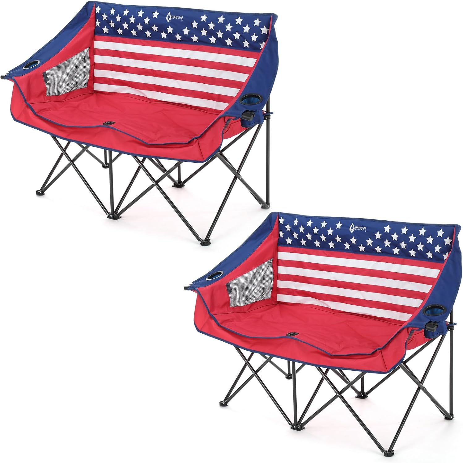 ARROWHEAD OUTDOOR Portable Folding Double Duo Camping Chair Loveseat w/ 2 Cup & Wine Glass Holder, Carrying Bag, Supports up to 500lbs