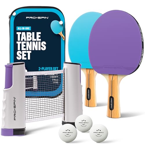 PRO SPIN All-in-One Ping Pong Set - Retractable Ping Pong Net for Any Table (72"), Ping Pong Paddles and Balls, Storage Case - Portable Table Tennis Family Games, Gifts for Boys & Girls
