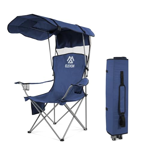 Elevon Camping Chair, Oversized Folding Chair with Canopy, Portable Outdoor Chair with Arms, Cup Holder and Carry Bag for Camping, Fishing, Beach, and Sports, Indigo